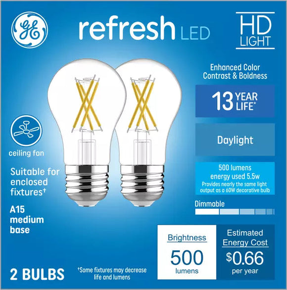 GE Refresh HD LED 60 Watt Replacement, Daylight, A15 Ceiling Fan Bulbs (2 Pack) (5.5W 60W Equivalent)