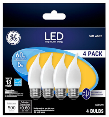 GE Lighting LED Flame Shape Light Bulb, Medium Base, Warm White, Frosted, 5 Watt, 4-Pk.