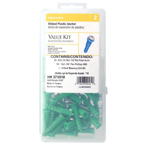 Hillman Green Ribbed Plastic Anchor Kit (#12-14-16 x 1-1/2) - 101 pc