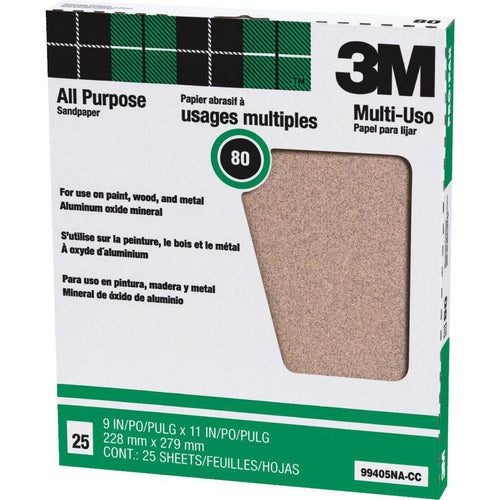 3M All-Purpose 9 In. x 11 In. 80 Grit Medium Sandpaper (25-Pack)