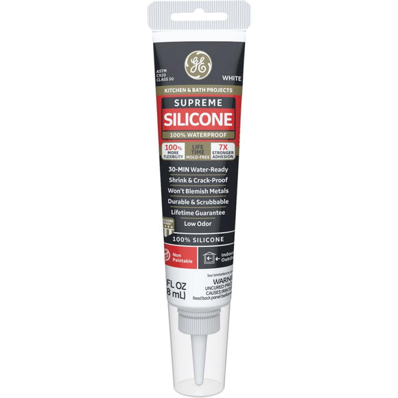 GE Supreme Silicone Kitchen & Bath Sealant- Squeeze, White, 2.8oz